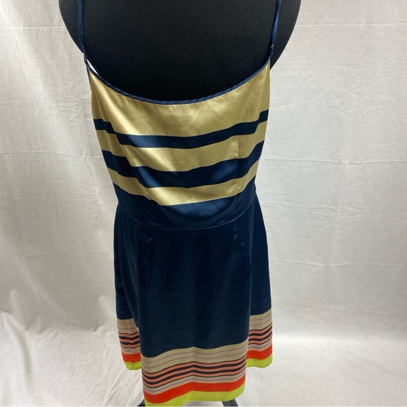 Cremieux Dress Size 10 Navy Blue Tan Multicolor Striped Silky Spaghetti Strap - Picture 2 of 7